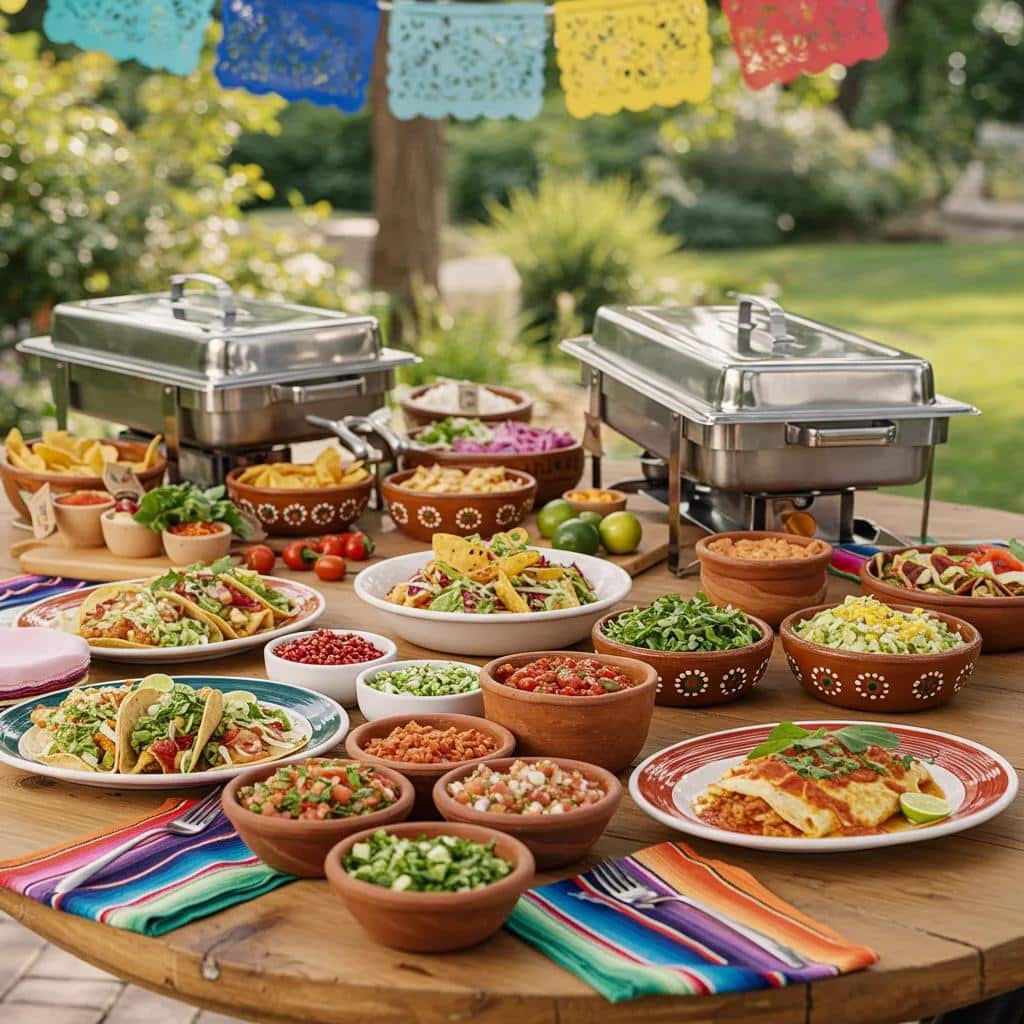 Outdoor catering setup with authentic Mexican dishes showcasing vibrant colors and festive decorations