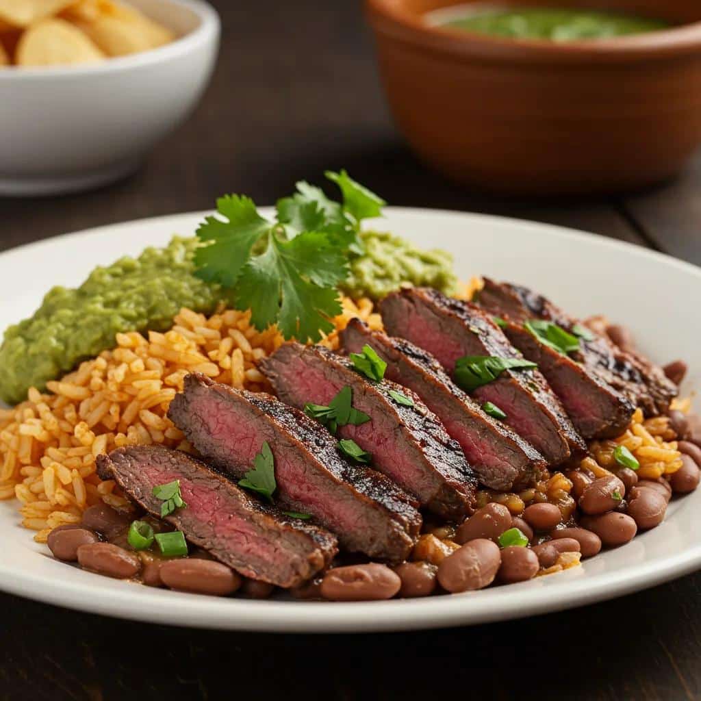 Close-up of a Carne Asada Plate featuring grilled flank steak, rice, and beans