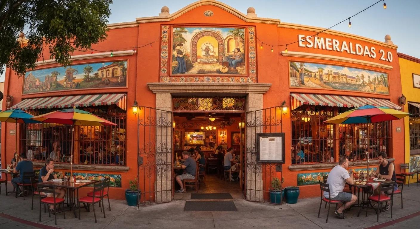 Esmeraldas 2.0 Mexican Restaurant exterior with diners enjoying meals in a vibrant atmosphere