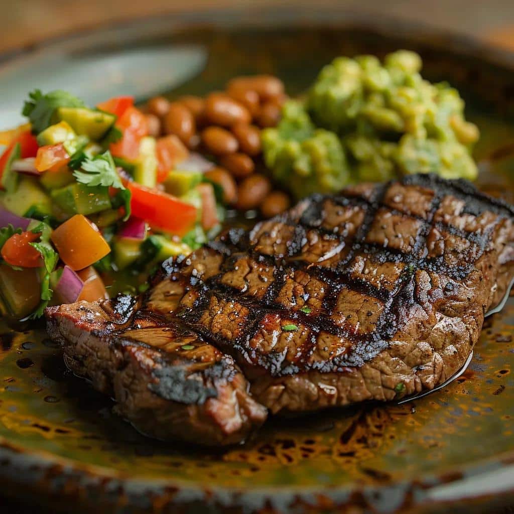 Perfectly grilled Carne Asada steak served with charro beans and house-made guacamole on a plate