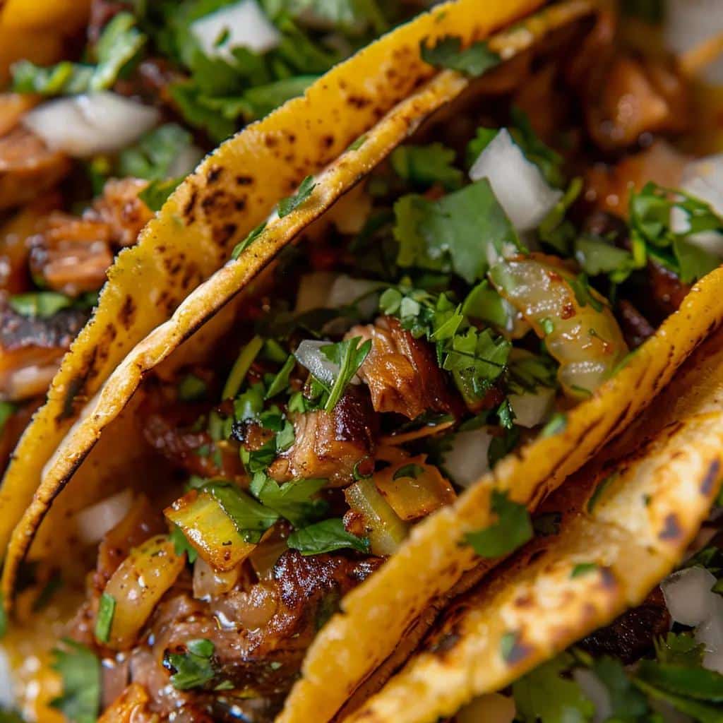 A close-up shot of Tacos al Pastor, showcasing marinated pork, fresh cilantro, and onions nestled in corn tortillas