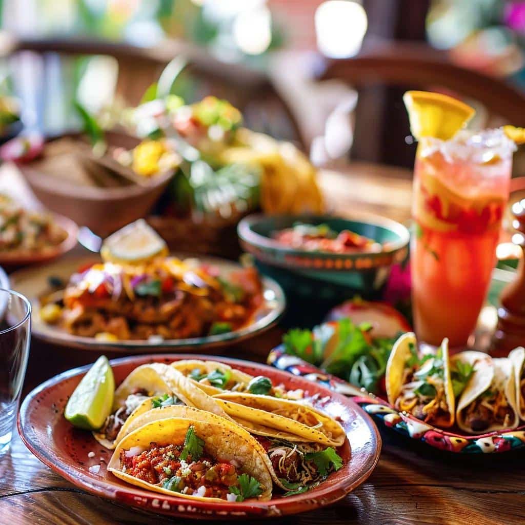 Colorful array of authentic Mexican dishes including tacos and enchiladas on a dining table