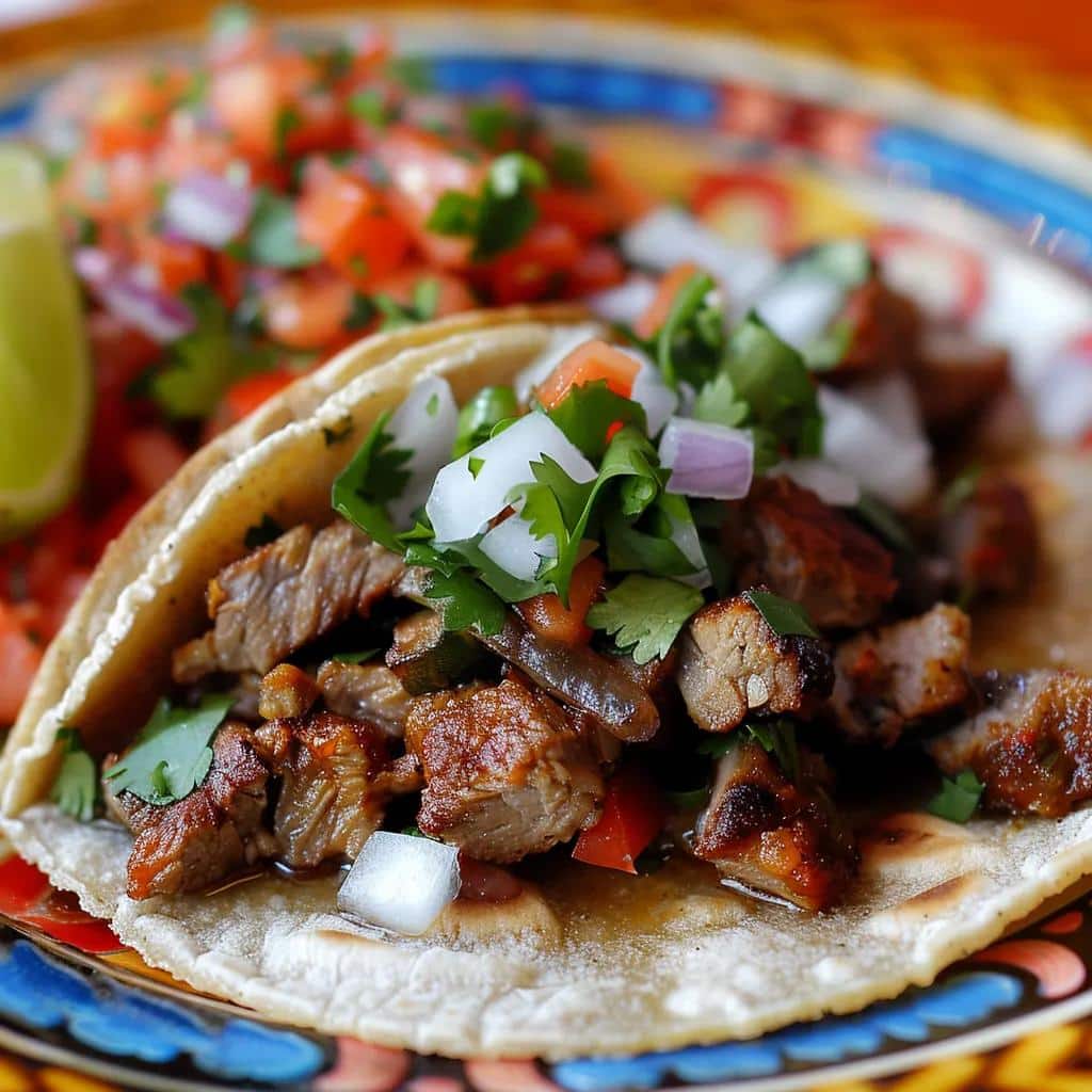 Close-up of a $1 taco special with seasoned meat and fresh toppings, highlighting unbeatable value at Esmeralda's 2.0