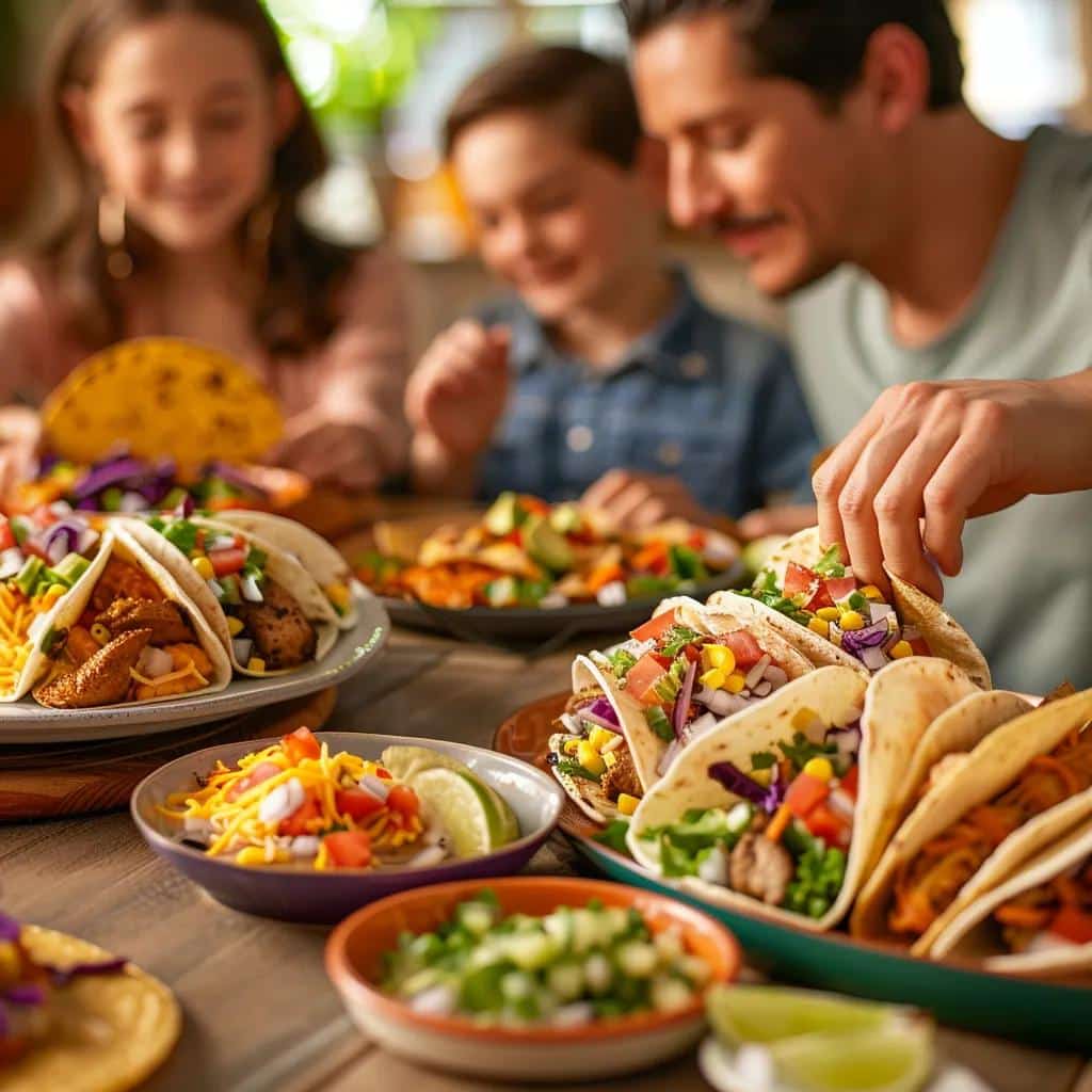 Family enjoying a variety of taco meal packs at a dining table, highlighting a joyful dining experience