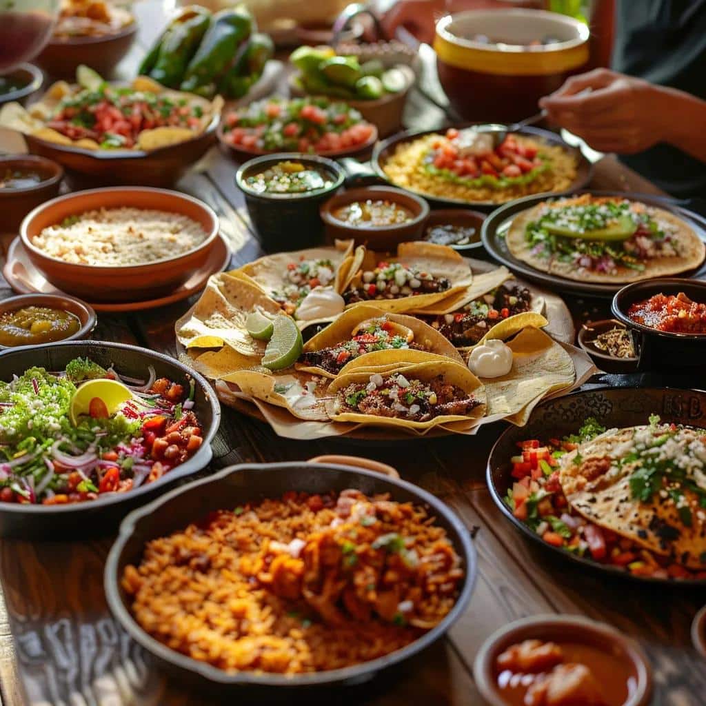 Family-style dining table with assorted taco meal deals from Esmeralda's 2.0