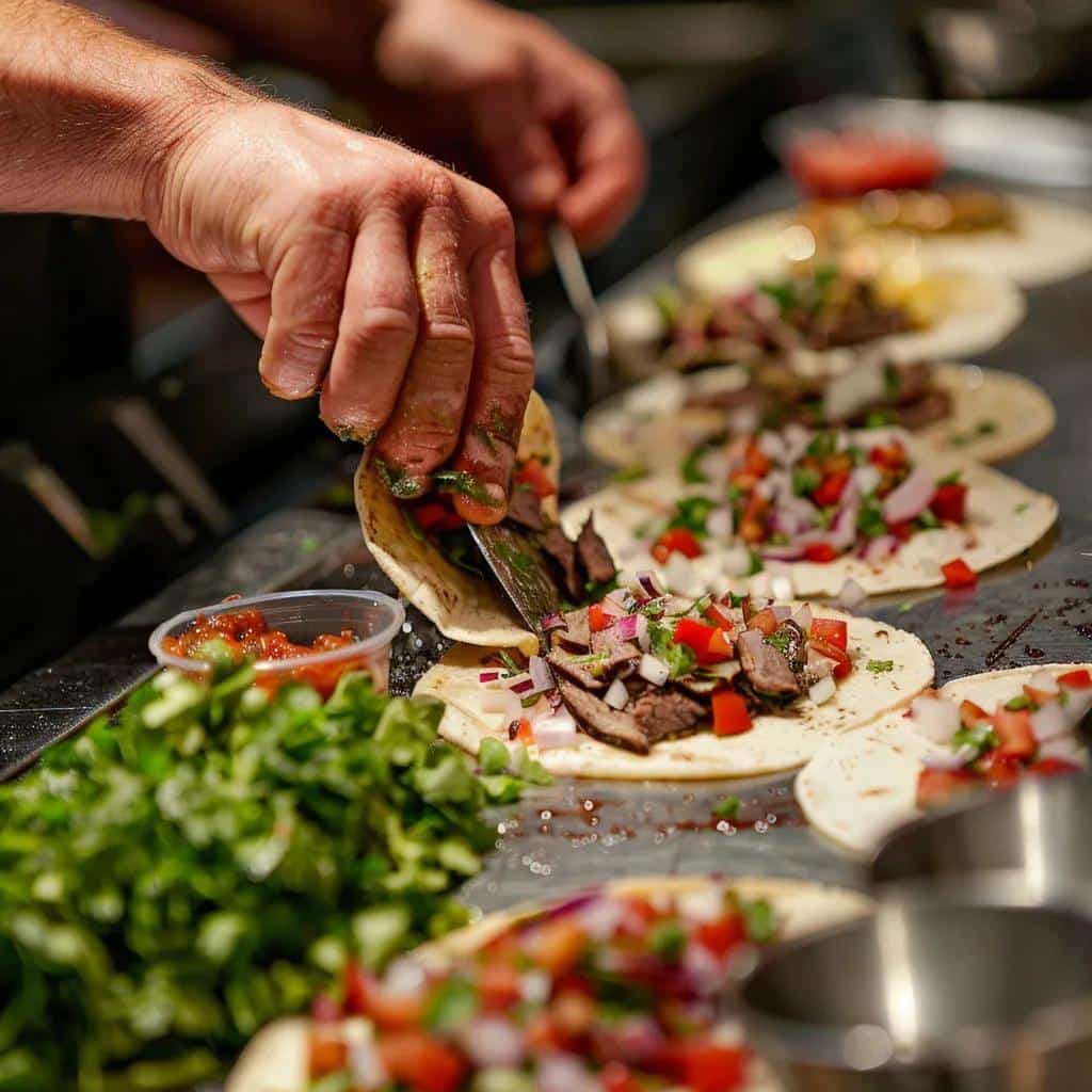 Chef assembling authentic street tacos with fresh ingredients in a busy kitchen