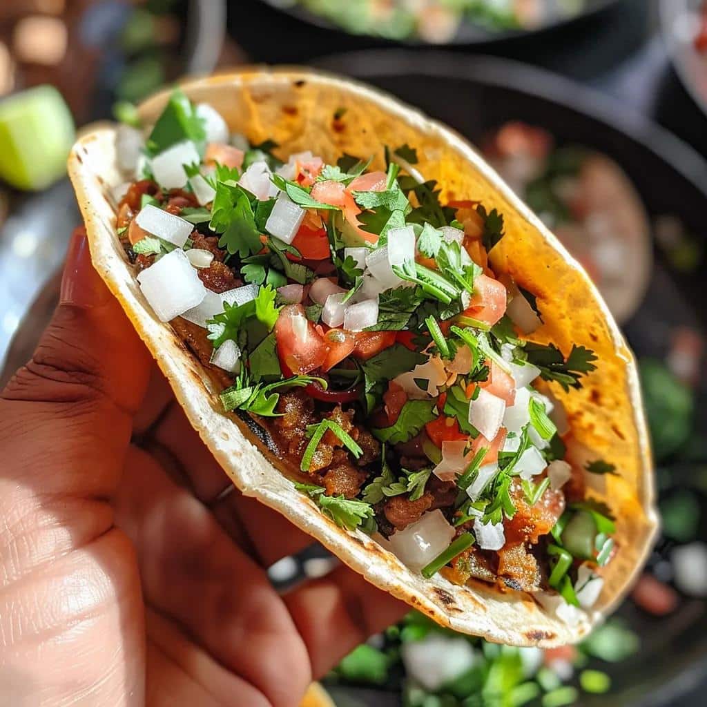 Close-up of a hand holding a freshly made taco with vibrant toppings from Esmeralda's 2.0