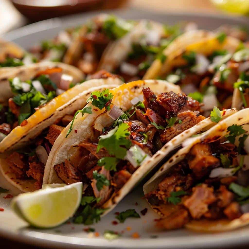 Close-up of popular taco types including Al Pastor, Carne Asada, and Carnitas garnished with cilantro and lime
