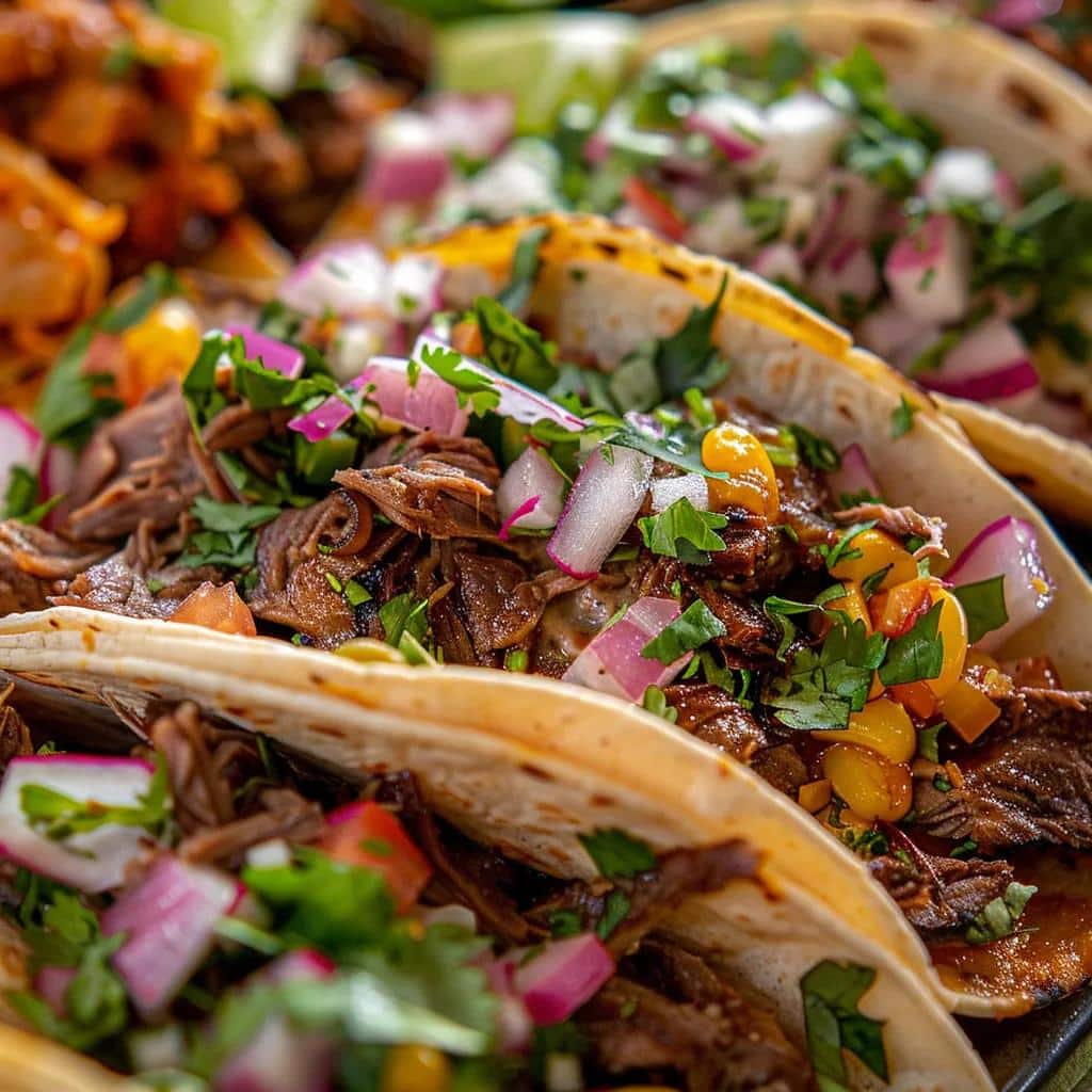 Close-up of various taco types including Al Pastor, Carne Asada, and Carnitas, highlighting their unique ingredients and vibrant garnishes.