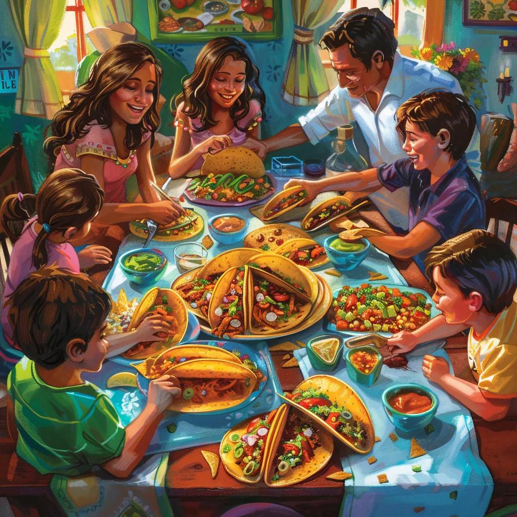 A family enjoying a taco meal at home with various taco options and family meal packs on the table