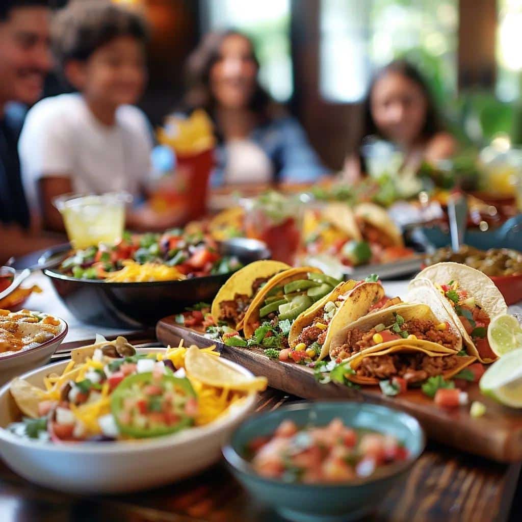 Family enjoying a taco meal together, featuring taco party packs and fresh salsas, representing the best taco deals in Eureka.