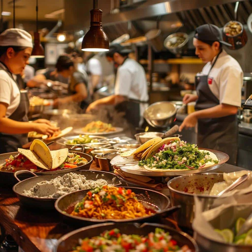 Chefs preparing fresh tacos in a vibrant restaurant kitchen at Esmeralda's 2.0