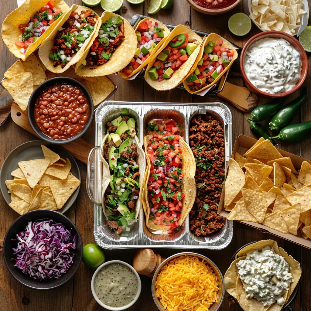 Family meal pack with assorted tacos and sides ready for delivery, showcasing convenience for gatherings