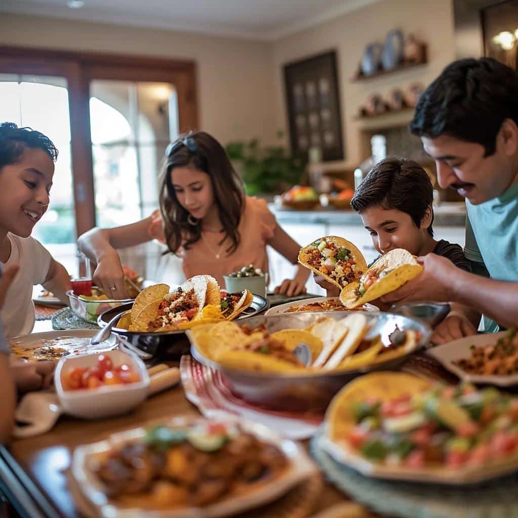 Family enjoying a taco meal at home, showcasing convenience and variety in taco delivery