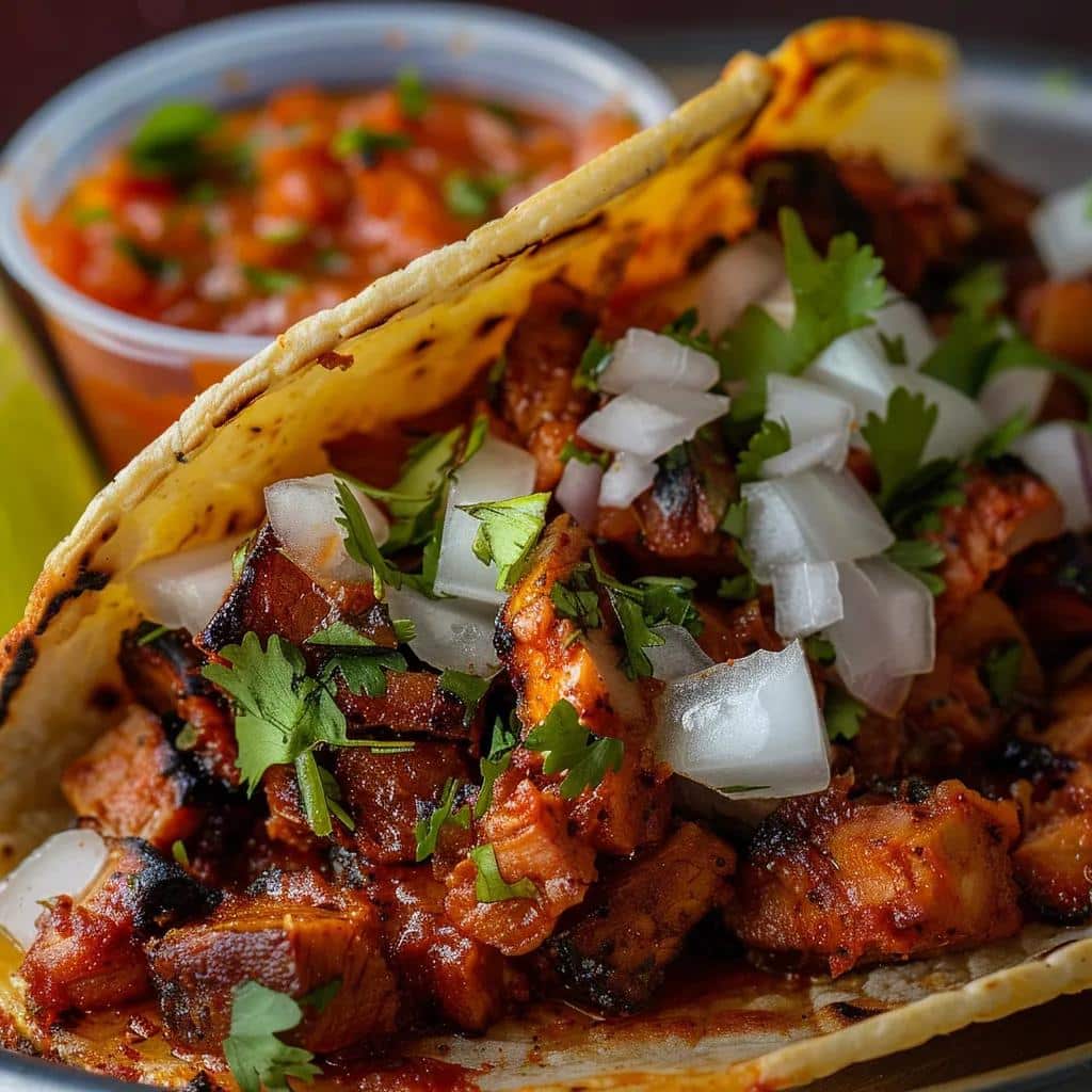 Close-up of a $1 Taco Special with Al Pastor, showcasing fresh toppings and vibrant colors