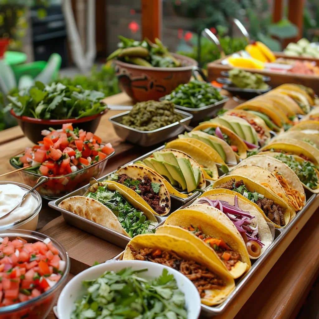 Catering setup with a variety of tacos and salsas, ideal for events and gatherings