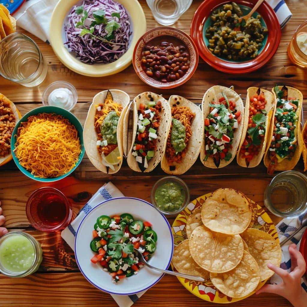 Family-style taco meal setup with various tacos and sides, illustrating the ease and affordability of group dining