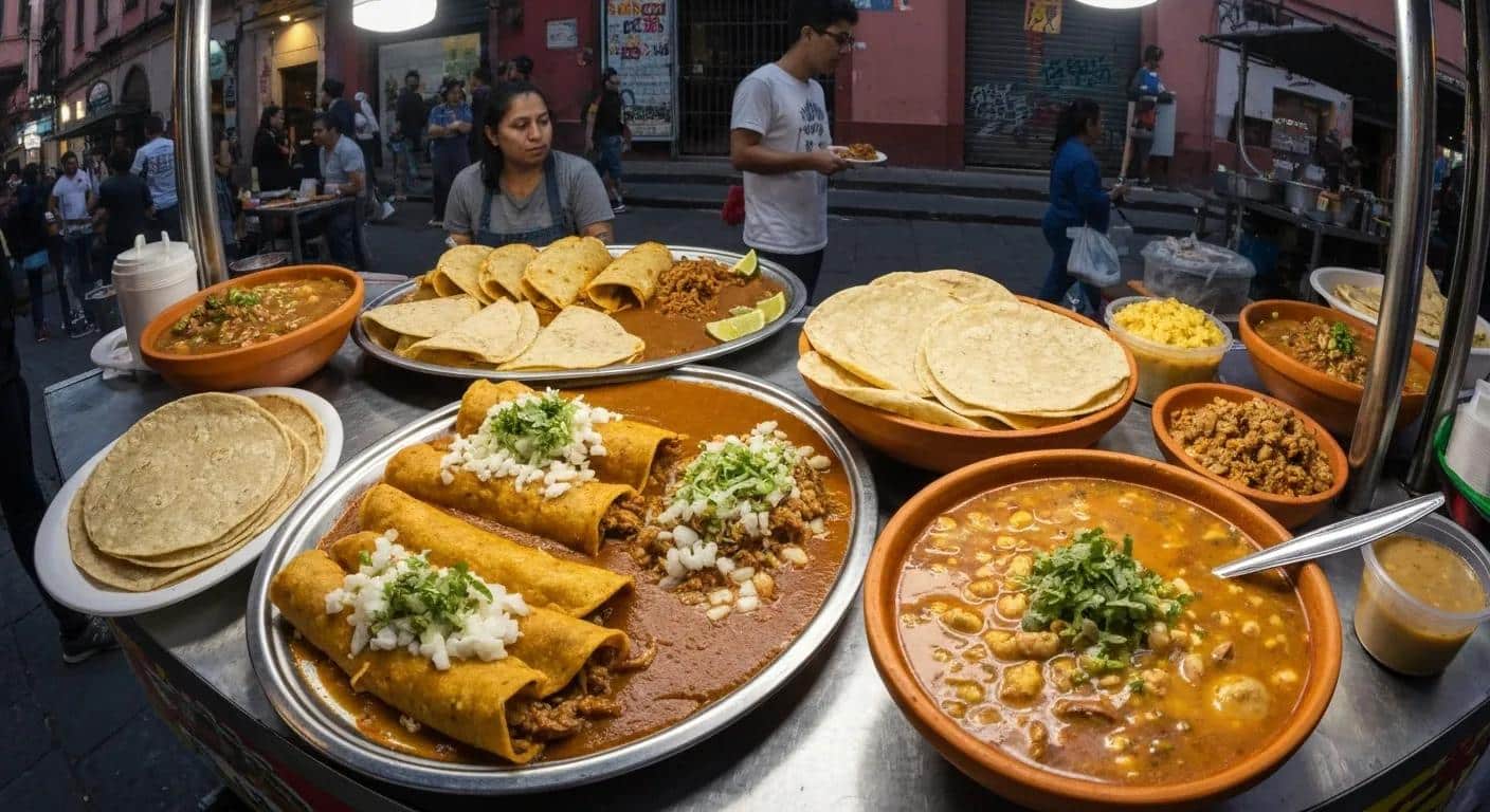 Colorful display of authentic Mexican food including $1 tacos and quesabirria tacos, highlighting fresh ingredients