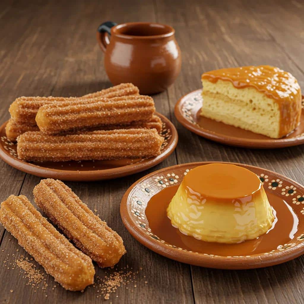Assorted traditional Mexican desserts including churros, flan, and tres leches cake