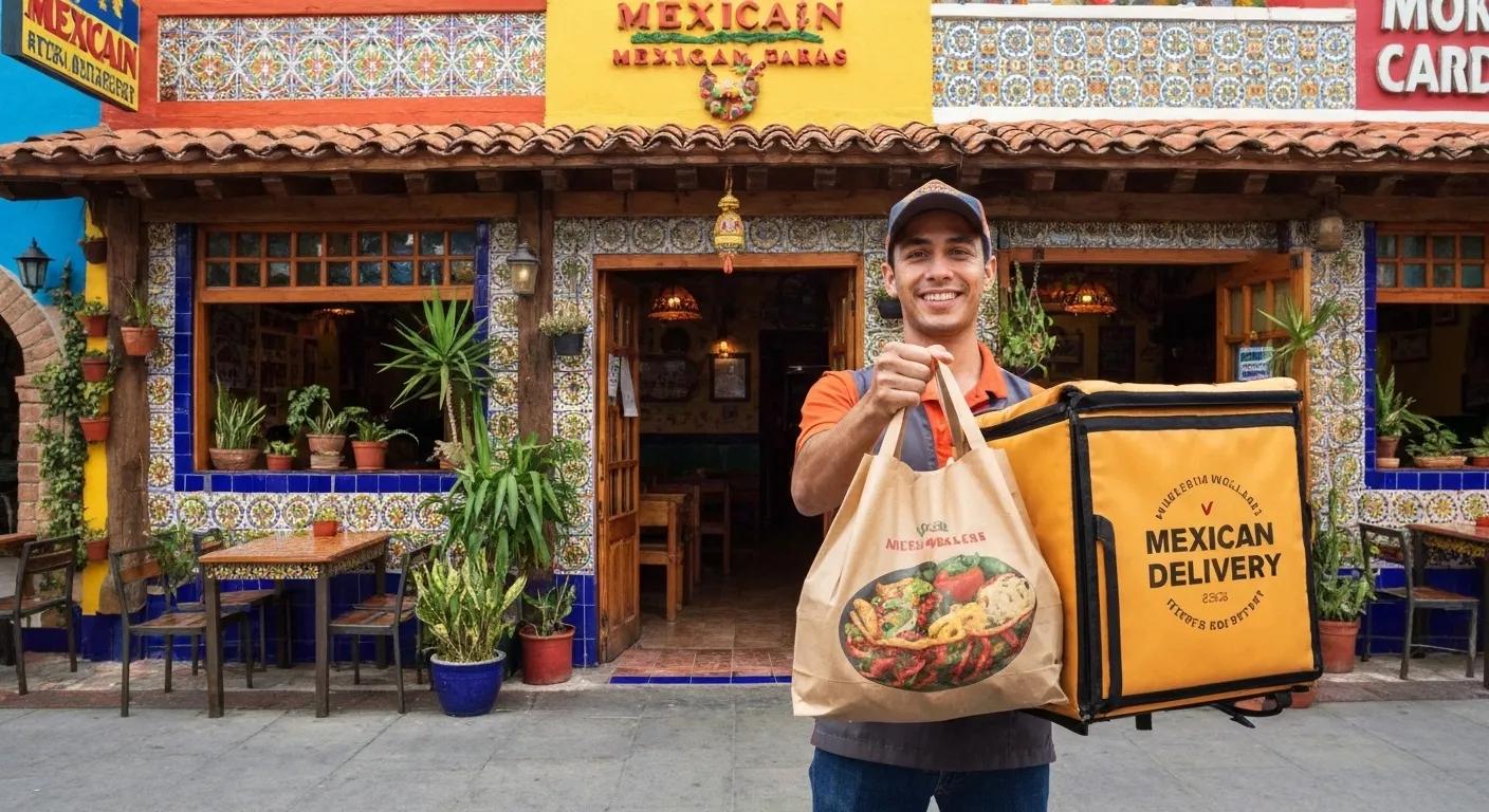 Delivery person with authentic Mexican food bag in front of a colorful restaurant