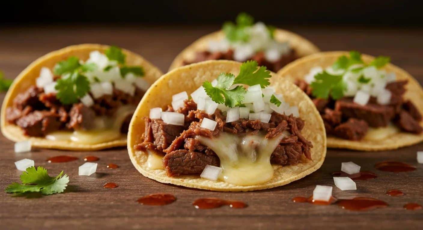 A mouthwatering close-up of quesabirria tacos, showcasing tender barbacoa beef and a side of rich consommé for dipping.