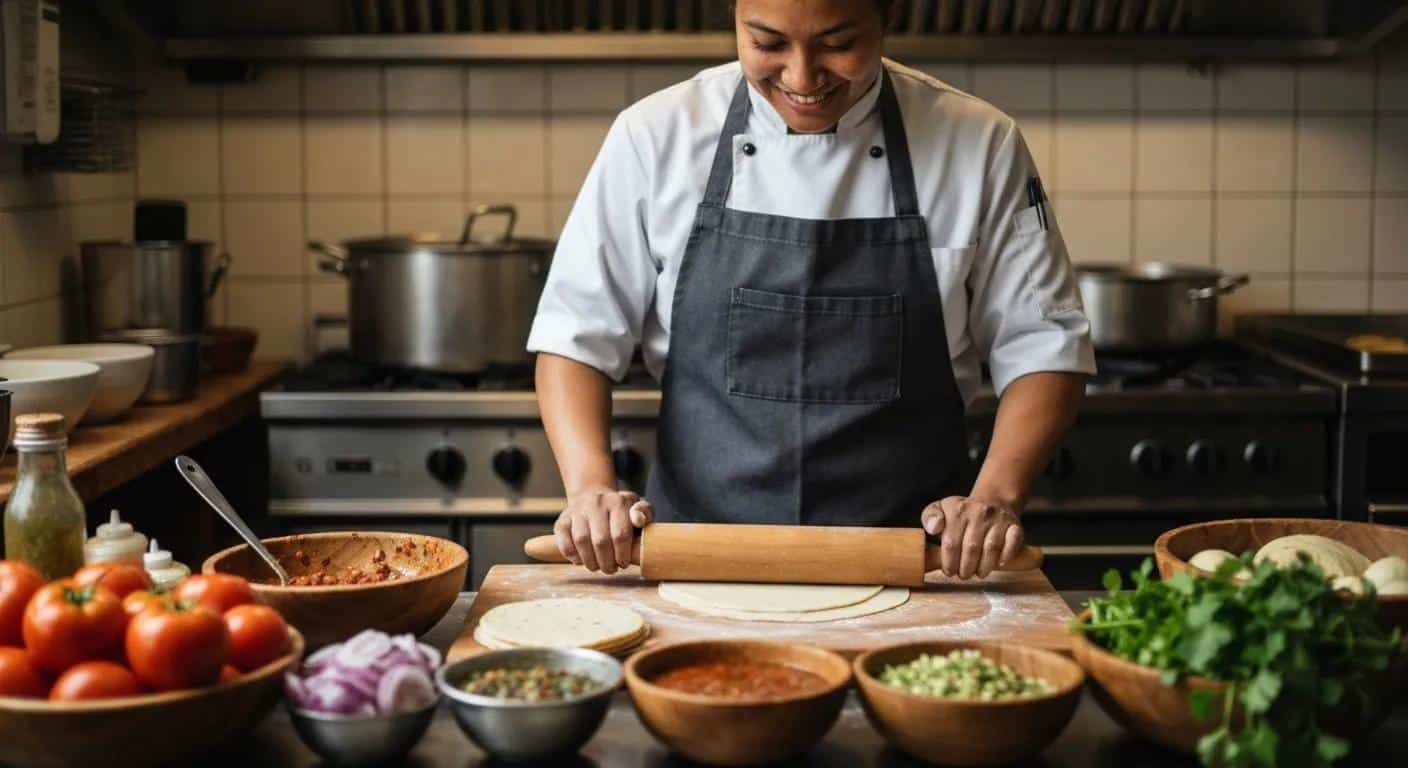 A chef skillfully crafting fresh tortillas and vibrant salsas in a bustling open kitchen, showcasing authentic Mexican cooking