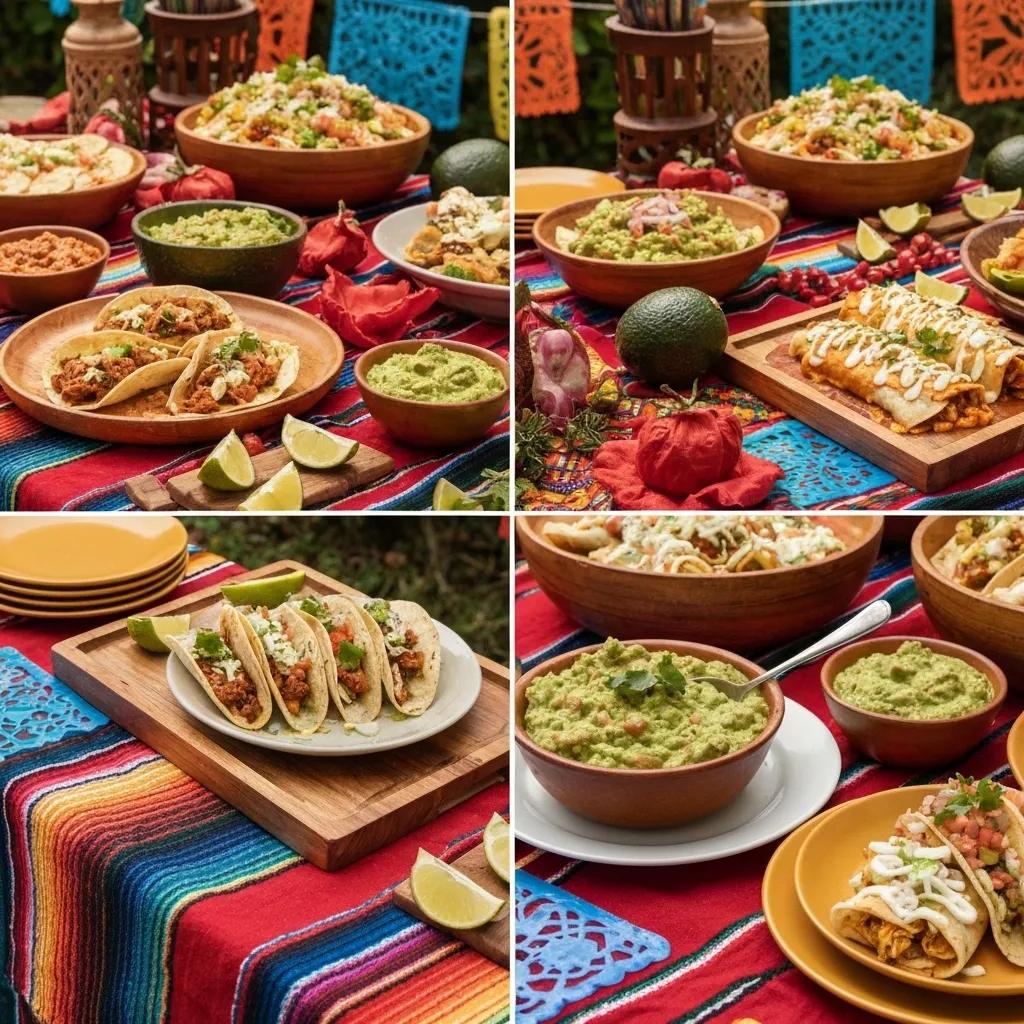 Vibrant Mexican catering spread with tacos, enchiladas, and guacamole in a festive outdoor setting