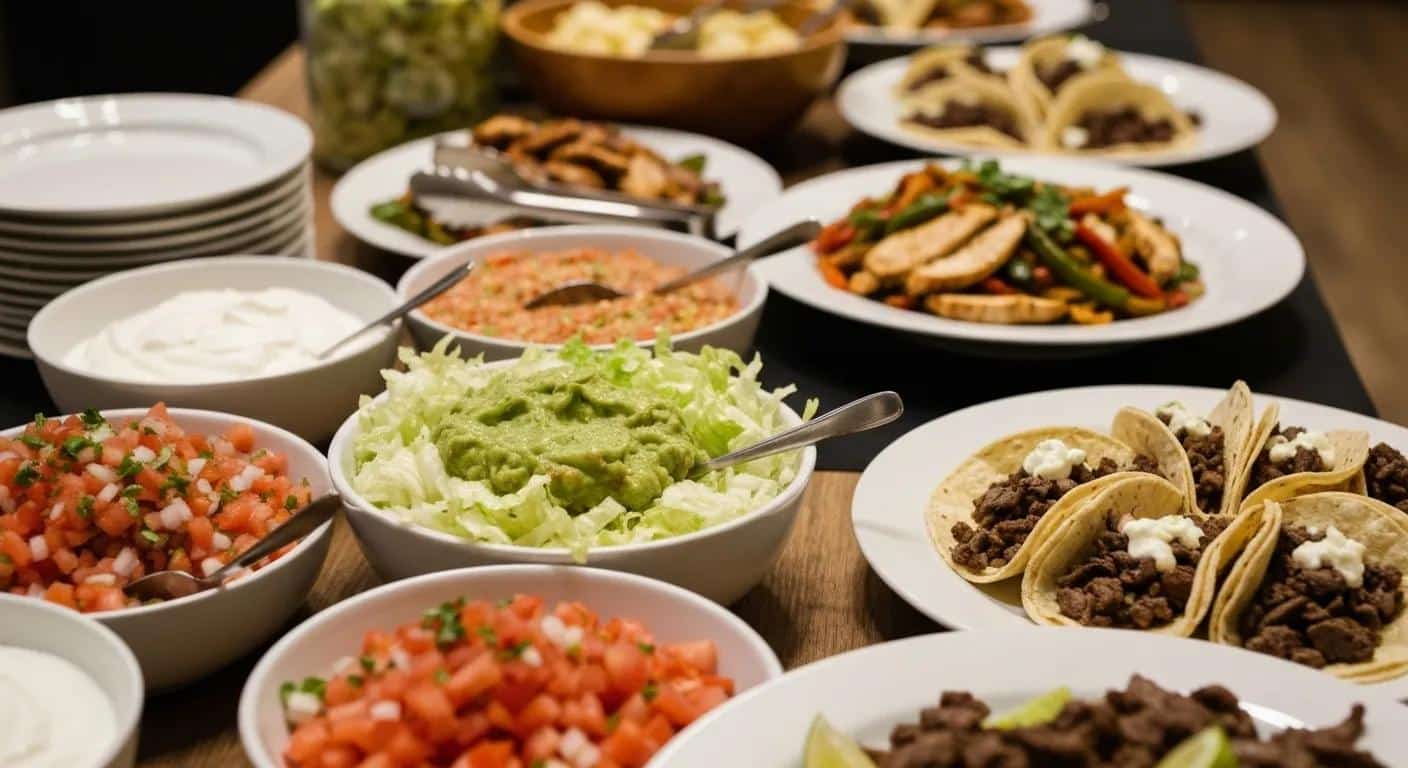An elegantly arranged catering spread featuring a taco bar and vibrant side dishes for events