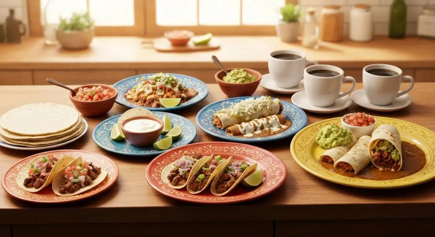 Colorful spread of authentic Mexican dishes showcasing tacos, mole, and ceviche on a rustic table