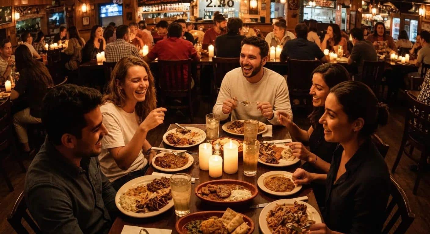 Family dining at a Mexican restaurant with colorful decor and traditional dishes