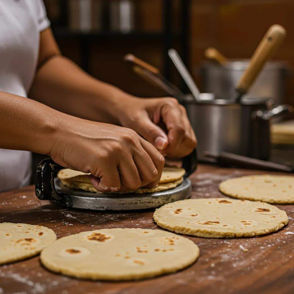 Freshly made hand-pressed masa tortillas in a traditional Mexican kitchen