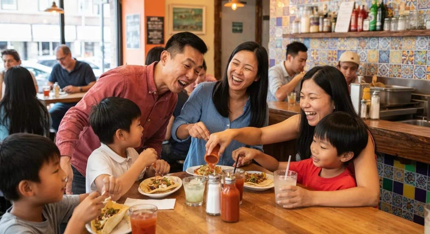 A lively community event featuring a taco bar and happy guests enjoying food together