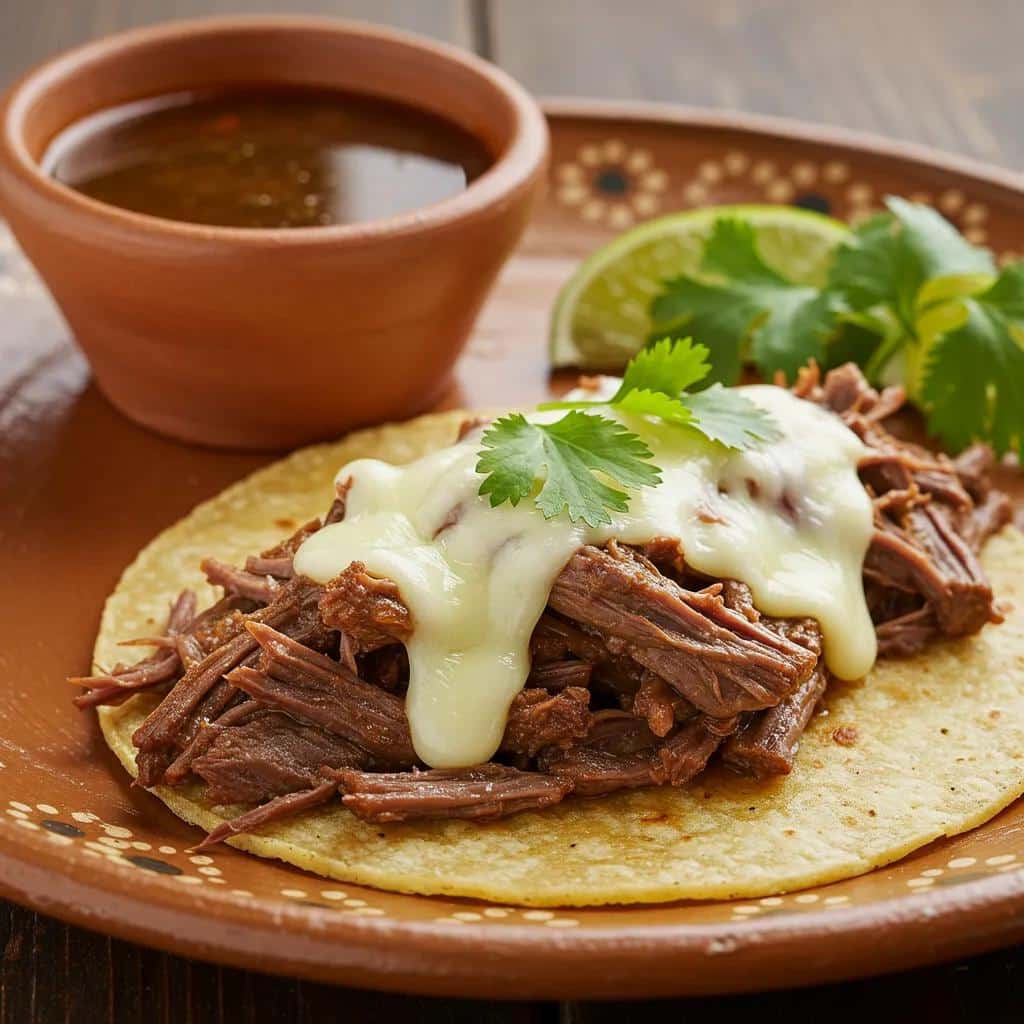 A mouthwatering close-up of a quesabirria taco, showcasing the tender beef and melted cheese, served with a side of rich consommé, highlighting its status as a signature dish