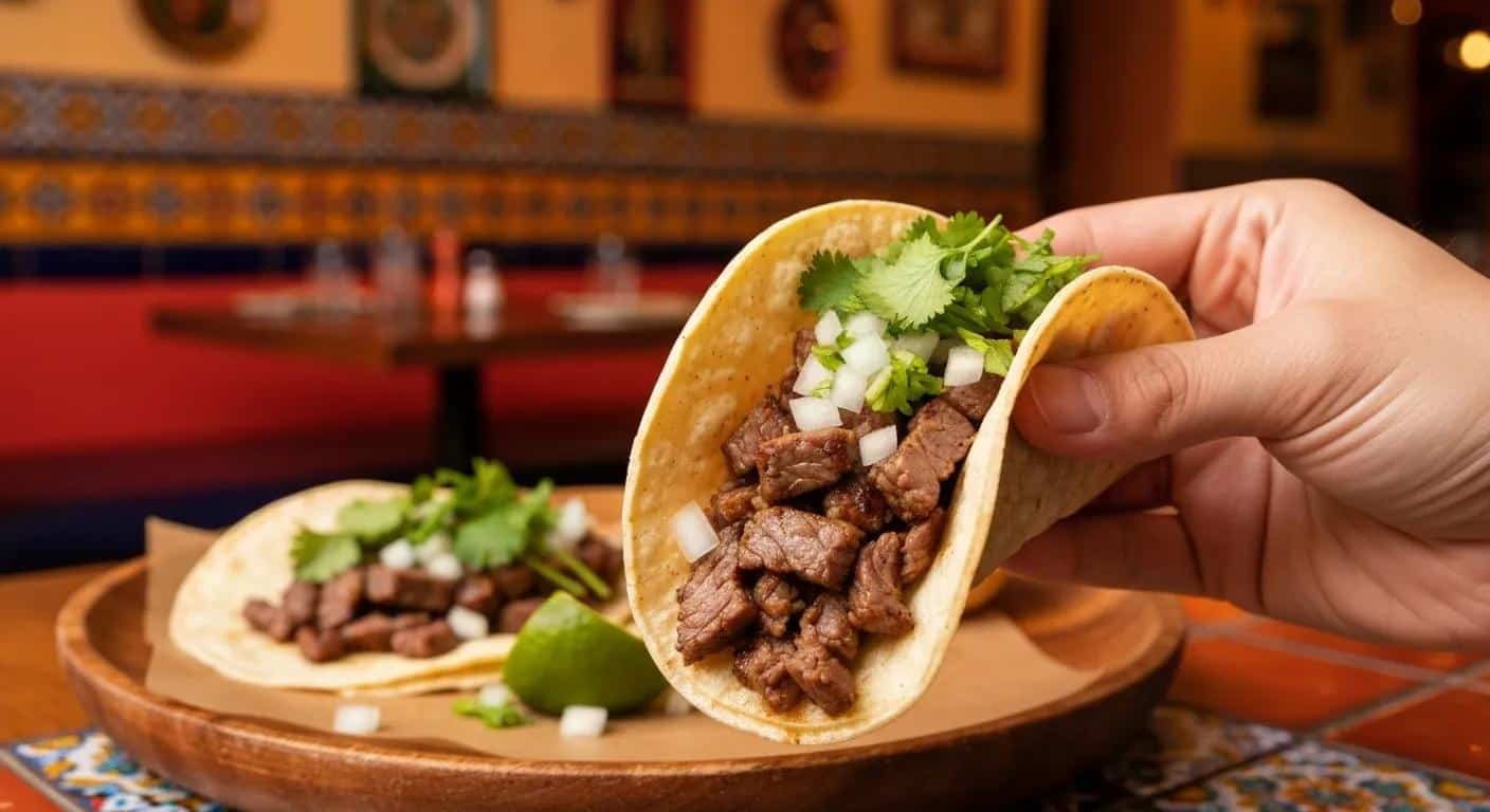 A hand holding a carne asada taco, showcasing fresh ingredients and the inviting atmosphere of traditional Mexican dining