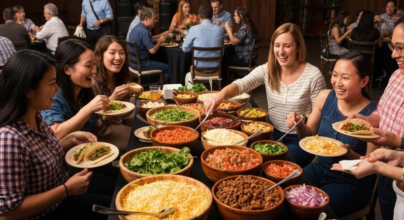 A beautifully arranged catered Mexican food setup, featuring a popular taco bar and happy guests enjoying the festive event atmosphere