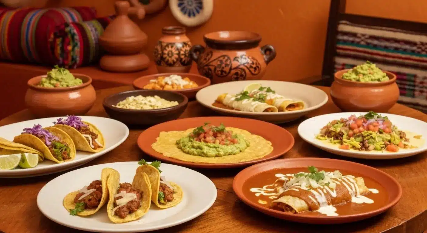 Authentic Mexican cuisine featuring tacos, enchiladas, and guacamole in a warm restaurant setting