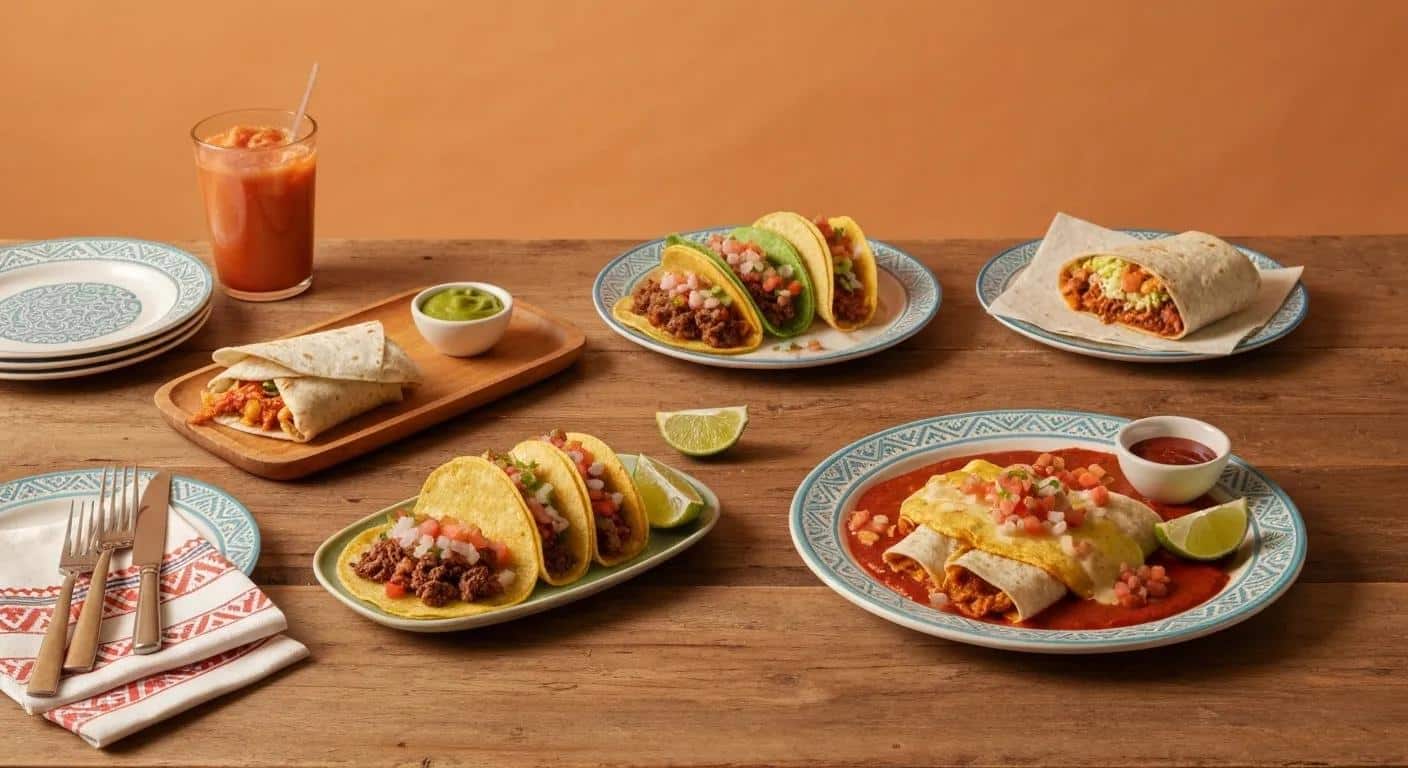 Colorful platter of authentic Mexican dishes including tacos, burritos, and enchiladas, showcasing vibrant flavors and fresh ingredients