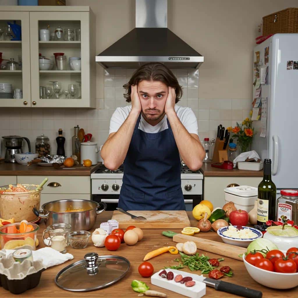 Host overwhelmed in a cluttered kitchen while preparing for a DIY catering event