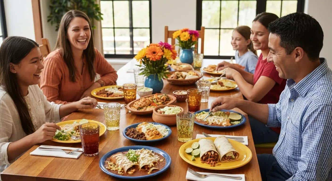 A family happily sharing a meal together, capturing the essence of warm, family-style hospitality