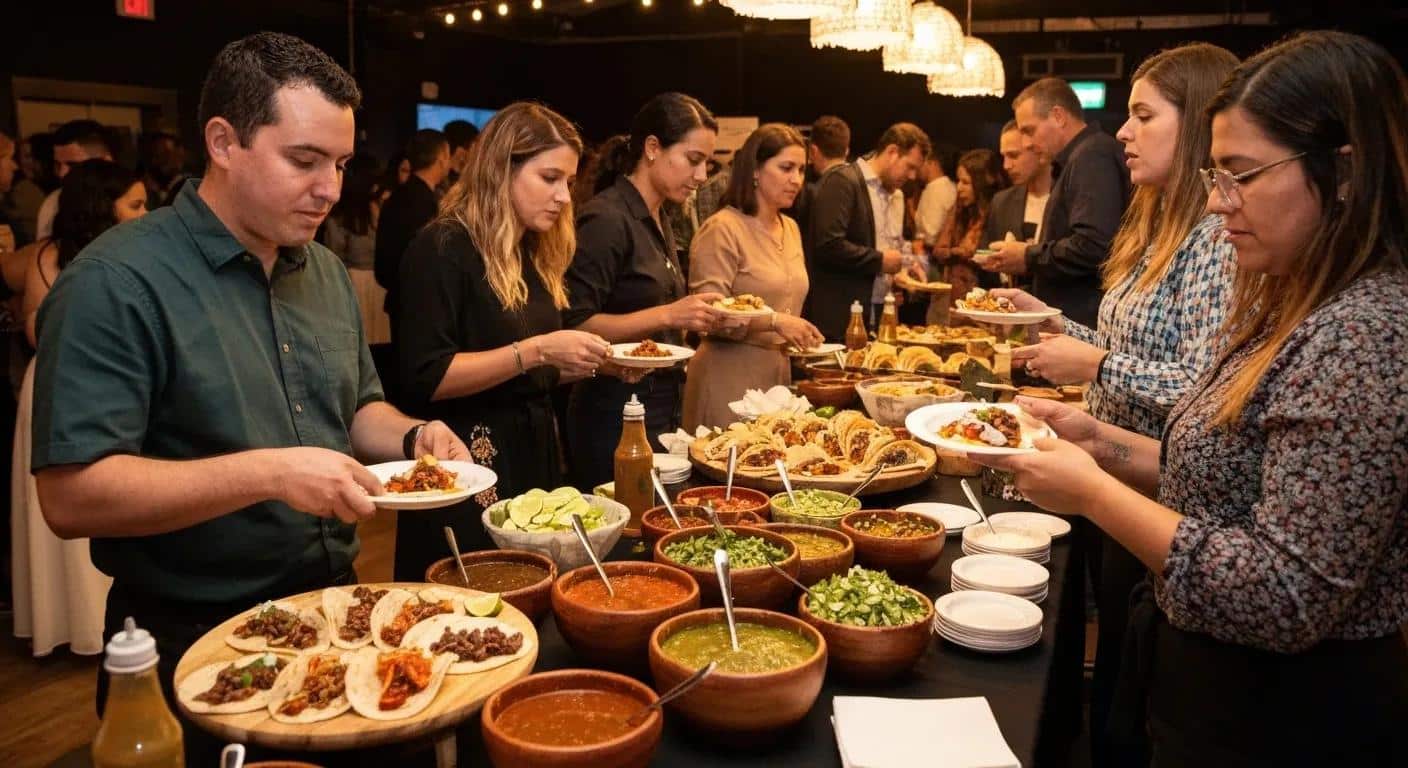A festive taco bar setup for a Mexican food event, showcasing a lively atmosphere and a variety of delicious dishes