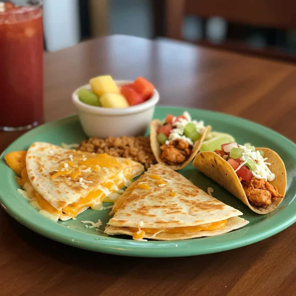 A child's plate featuring a cheese quesadilla, mini chicken tacos, and a side of fresh fruit