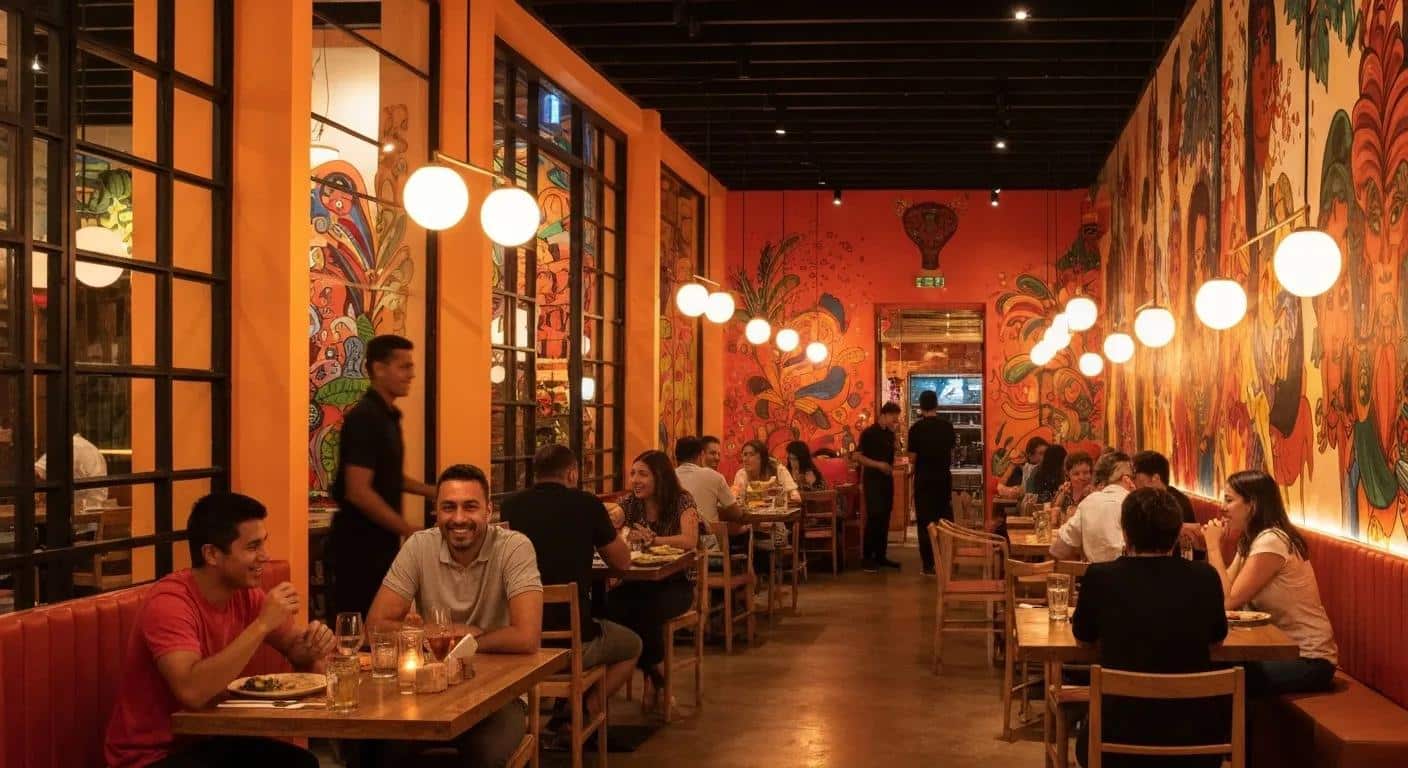 Interior view of Esmeraldas 2.0 showcasing vibrant decor and diners enjoying their meals