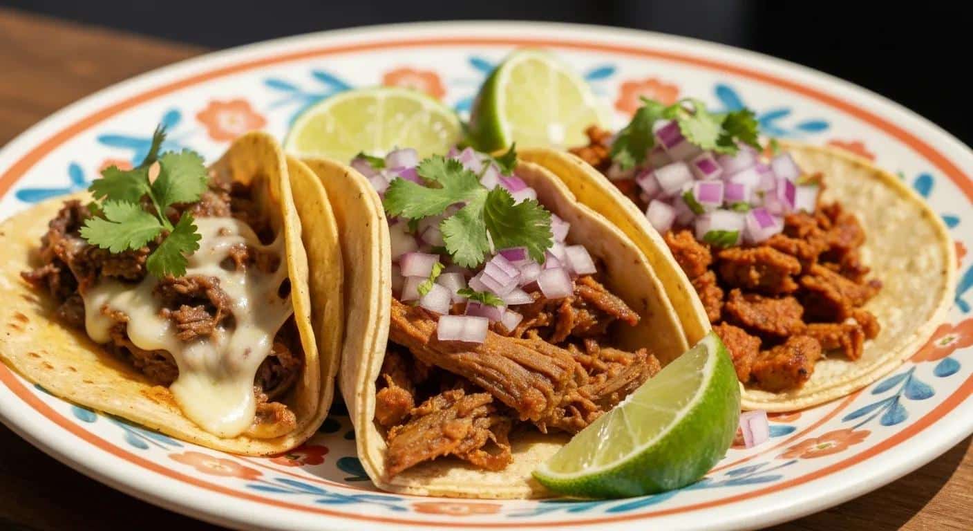 A close-up view of Esmeralda's signature tacos: QuesaBirria, Carnitas, and Plant-Based Al Pastor, garnished with fresh toppings