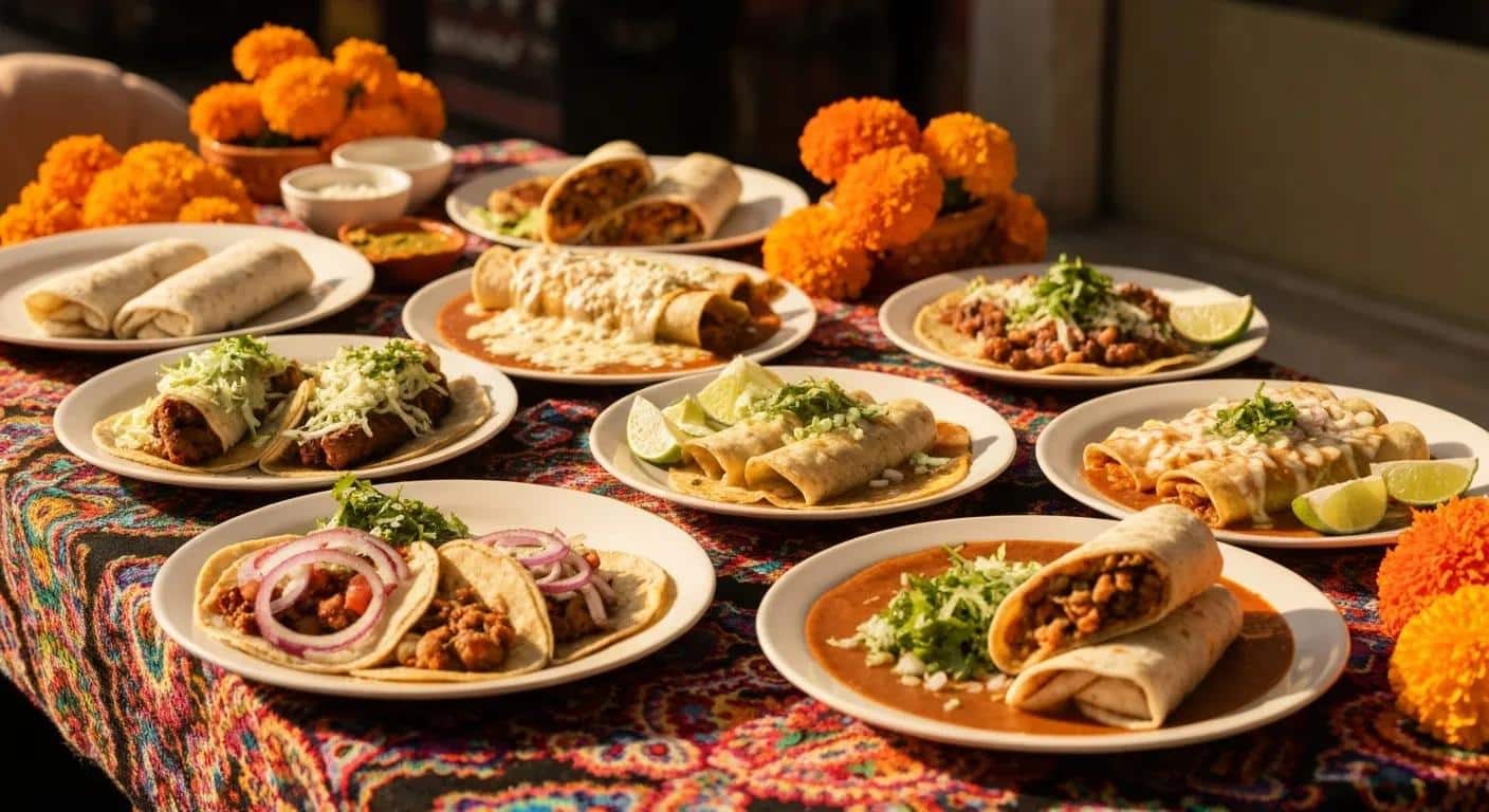 Colorful spread of authentic Mexican dishes showcasing tacos, enchiladas, and salsas