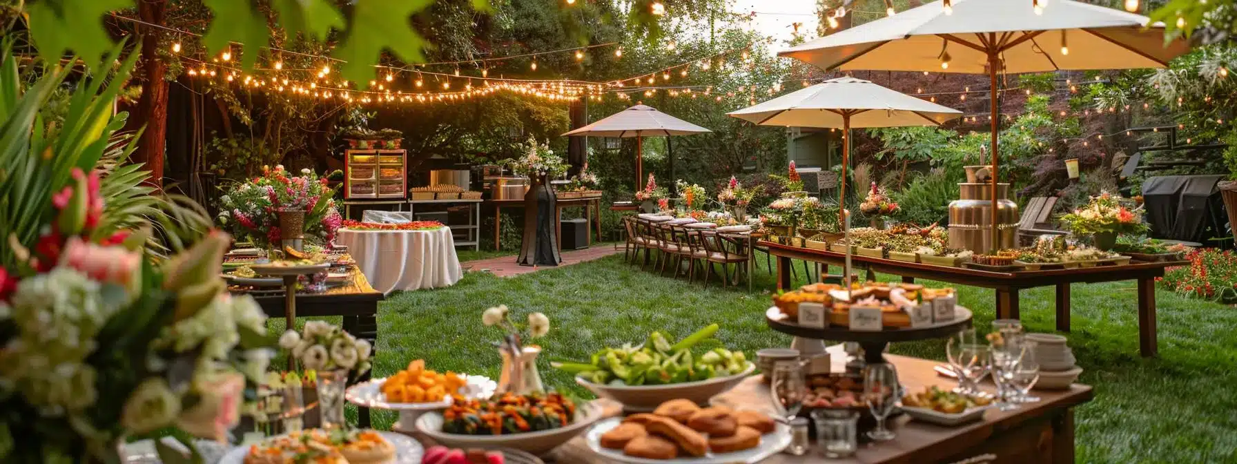 a vibrant and elegant outdoor catering setup in eureka, adorned with lush greenery, beautifully arranged tables, and an enticing display of gourmet dishes under soft, ambient lighting at sunset.