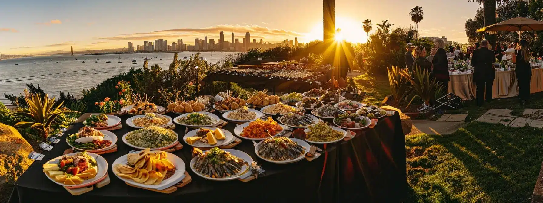 a vibrant outdoor banquet scene in eureka, california, showcasing an array of elegantly presented dishes against a backdrop of lush coastal scenery, contrasted with a bustling city skyline visible in the distance.