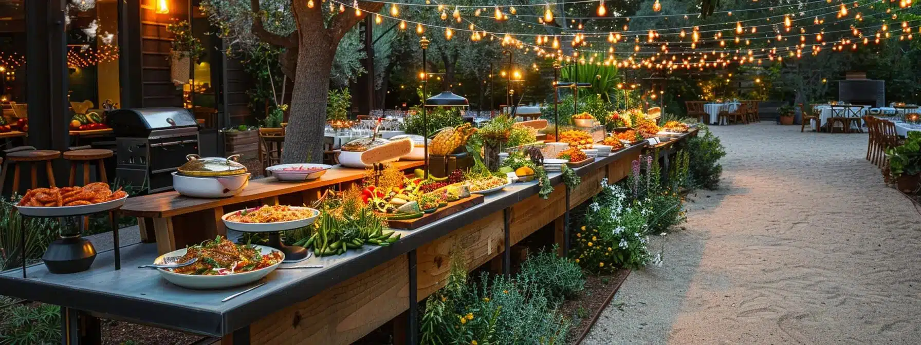 a vibrant outdoor catering setup in eureka showcases a long table adorned with an array of deliciously presented dishes, surrounded by lush greenery and softly glowing string lights, creating an inviting atmosphere for a memorable gathering.