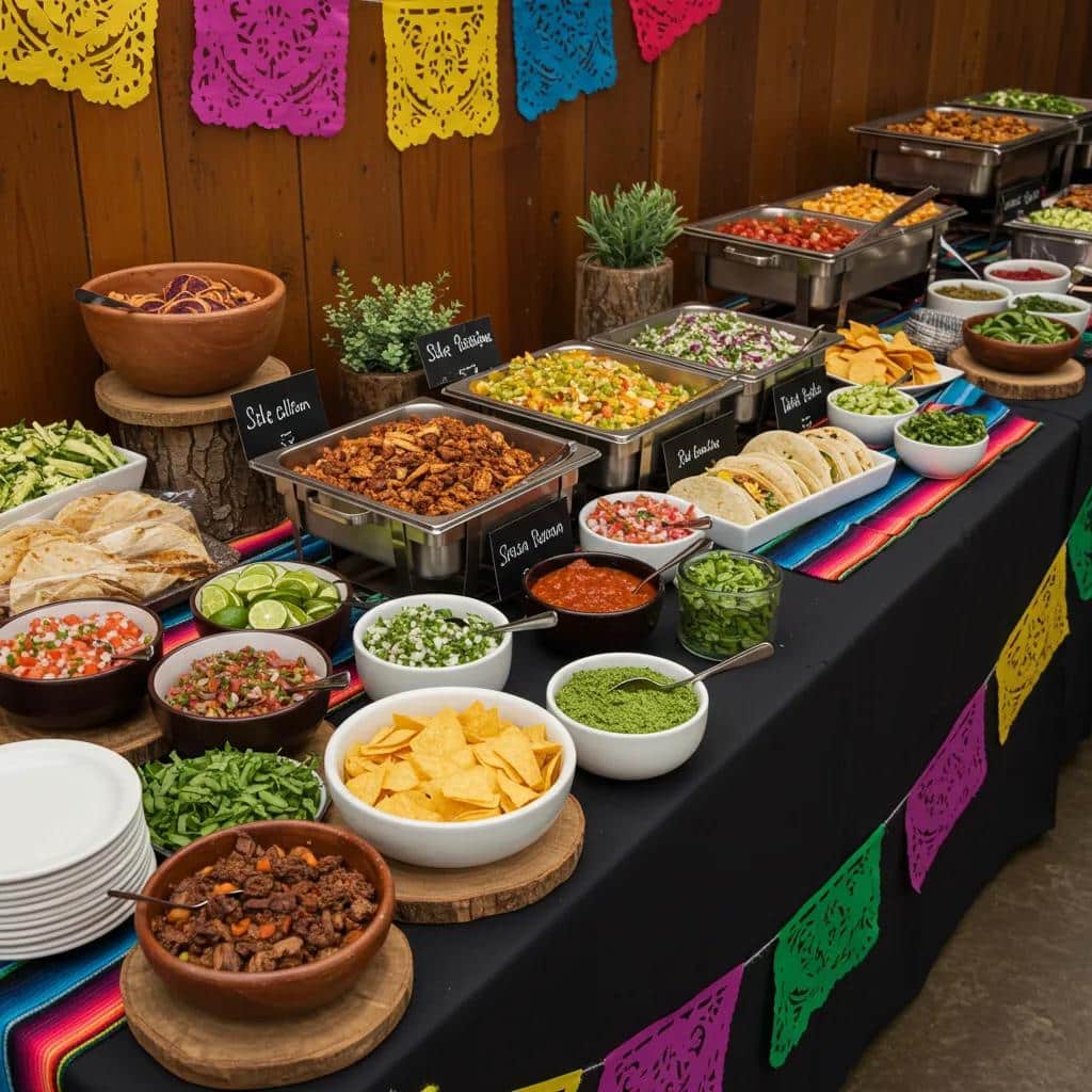 A colorful taco bar catering setup with multiple proteins and fresh toppings for an event