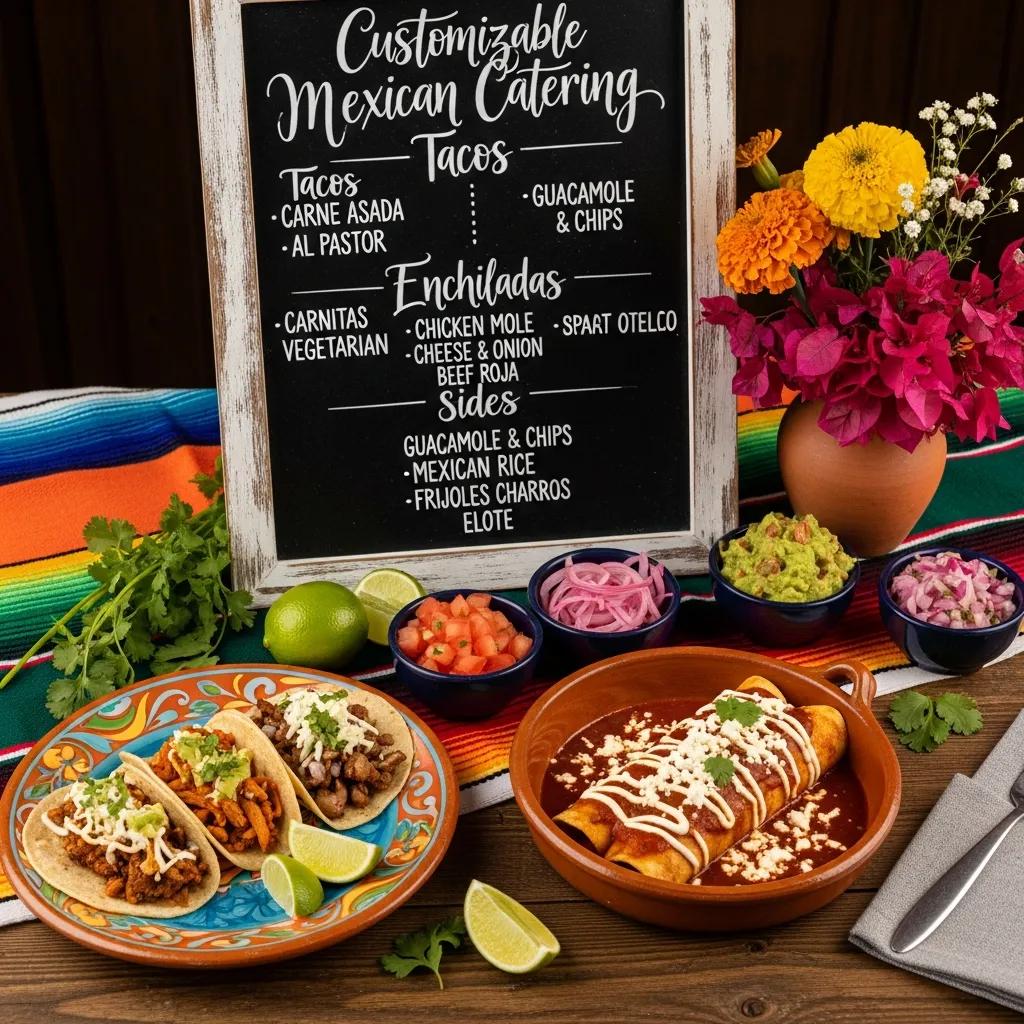 Beautifully arranged Mexican catering spread with customizable tacos, enchiladas, and sides