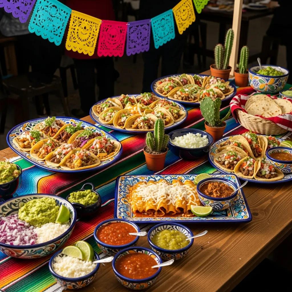 Authentic Mexican catering setup with colorful dishes and festive decorations